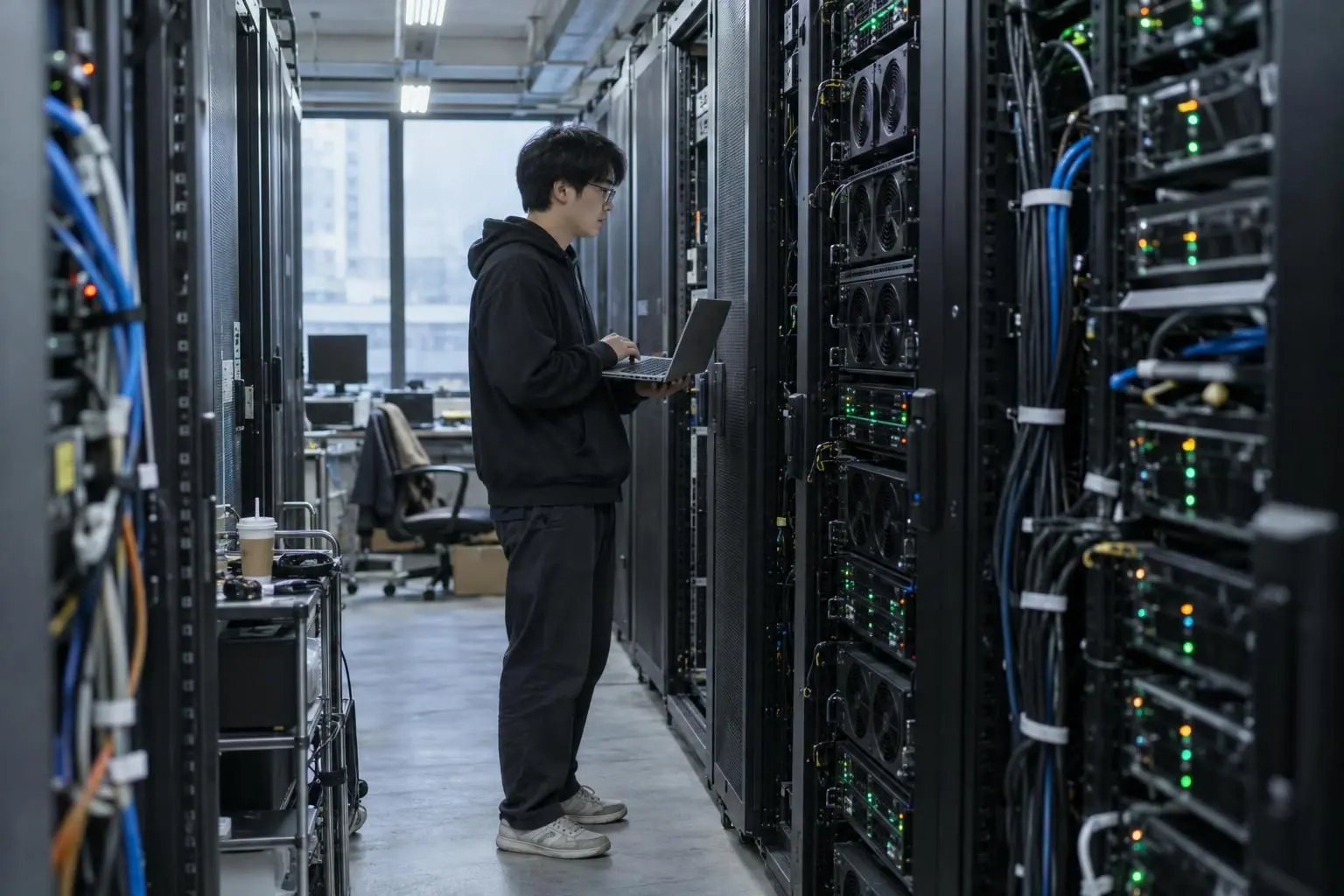 연구원이 서버실에서 노트북으로 학습 서버 상태를 확인하는 모습