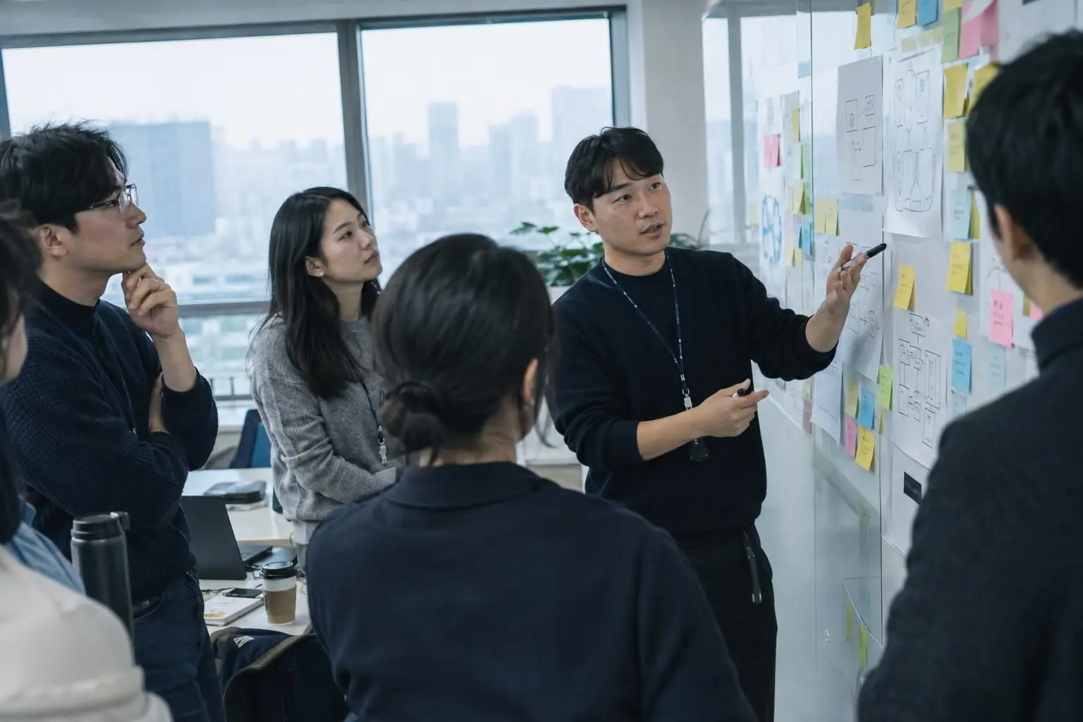 컨설턴트가 업무 흐름이 붙은 벽 앞에서 고객사 직원들에게 설명하는 워크숍